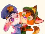  2016 anthro canine child claws cute disney duo eyelashes female fox frown fur green_eyes grey_fur hat hug judy_hopps lagomorph long_ears male mammal nick_wilde one_eye_closed orange_fur purple_eyes rabbit rozemira simple_background smile traditional_media_(artwork) watercolor_(artwork) wink young zootopia 