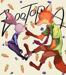  2016 anthro barefoot boop canine claws clothing cute disney duo eye_contact female fox green_eyes half-closed_eyes inner_ear_fluff judy_hopps lagomorph long_ears male mammal necktie nick_wilde pattern_background police_uniform purple_eyes rabbit seoji simple_background smile toe_claws uniform zootopia 