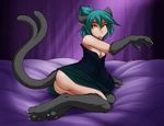  2016 bed black_fur breasts butt claws clothing dress feline female fur green_hair hair invalid_tag looking_at_viewer mammal nyna pawpads solo tom_fischbach tongue yellow_eyes 