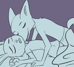  arched_back bed canine clothed clothing disney duo eyes_closed female fox greyscale hi_res judy_hopps lagomorph licking male mammal monochrome nick_wilde simple_background tongue tongue_out topless vinoda zootopia 