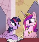  2015 book cookie crown duo equine female feral food friendship_is_magic hair horn mammal multicolored_hair my_little_pony open_mouth princess_cadance_(mlp) professor-ponyarity purple_eyes smile twilight_sparkle_(mlp) winged_unicorn wings 
