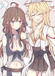  2girls ^_^ ahoge arm_behind_back arm_up bare_shoulders belt blonde_hair breasts brown_eyes cleavage closed_eyes cosplay costume_switch eyes_closed hair_pull heart heart_in_mouth highres iowa_(kantai_collection) iowa_(kantai_collection)_(cosplay) kantai_collection kongou_(kantai_collection) kongou_(kantai_collection)_(cosplay) kvlen large_breasts multiple_girls navel no_headwear nontraditional_miko open_mouth skirt smile spoken_heart spoken_sweatdrop sweatdrop 