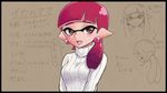  alternate_hairstyle bangs blunt_bangs blush brown_eyes commentary_request directional_arrow domino_mask earrings inkling jewelry looking_at_viewer mask mature older open_mouth partially_translated pink_hair pointy_ears ponytail ribbed_sweater scrunchie solo splatoon_(series) splatoon_1 sweater takobe tentacle_hair translation_request turtleneck 