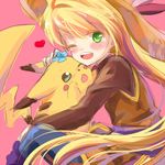  blush_stickers chuchu_(pokemon) colored_eyelashes gen_1_pokemon green_eyes hat heart hug long_hair one_eye_closed open_mouth pikachu pink_background pokemon pokemon_(creature) pokemon_special simple_background sitting smile transistor very_long_hair yellow_(pokemon) 