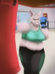  2016 anthro belly bludermaus boxing boxing_gloves breasts cat clothed clothing digital_media_(artwork) ear_piercing feline female gloves hairless hi_res lineless lips mammal navel obese open_mouth overweight piercing punching solo sport standing teeth valentina_kuznetsova 