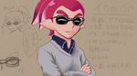  close-up closed_eyes commentary_request crossed_arms domino_mask inkling male_focus mask monster_boy pink_hair pointy_ears smile solo splatoon_(series) splatoon_1 sweat sweatdrop sweater takobe tentacle_hair translation_request 