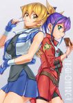  belt bike_shorts blonde_hair blue_hair bracelet breasts brown_eyes buckle card copyright_name cropped_jacket fingerless_gloves gloves green_eyes hair_ribbon impossible_clothes jacket jewelry large_breasts long_hair looking_at_another moz_(gosgo) multicolored_hair multiple_girls ponytail purple_hair ribbon serena_(yuu-gi-ou_arc-v) shiny shiny_hair short_hair skirt smile tenjouin_asuka two-tone_hair yuu-gi-ou yuu-gi-ou_arc-v yuu-gi-ou_gx zipper 