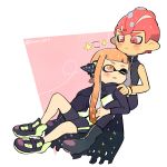  1boy 1girl bike_shorts black_cape black_footwear blush boots cape closed_mouth domino_mask frown full_body headgear highres inkling kirikuchi_riku long_hair long_sleeves looking_at_another mask mohawk octarian octoling one_eye_closed open_mouth orange_eyes orange_hair pink_eyes pink_hair shoes short_hair single_vertical_stripe splatoon splatoon_(series) splatoon_2 splatoon_2:_octo_expansion squidbeak_splatoon star suction_cups tentacle_hair torn_cape torn_clothes twitter_username vest wristband zipper zipper_pull_tab 