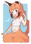  1girl absurdres bare_shoulders belt blue_eyes bow bowtie brown_hair caracal_(kemono_friends) caracal_ears caracal_tail clenched_hand commentary_request cowboy_shot dated elbow_gloves enk_0822 eyebrows_visible_through_hair fang gloves hand_up high-waist_skirt highres kemono_friends light_brown_hair long_hair multicolored_hair open_mouth signature skirt sleeveless solo white_hair 