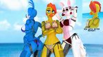  2016 3d_(artwork) animatronic avian bikini bird black_nose blue_eyes butt canine cgi chicken clothing crossed_arms digital_media_(artwork) disembowell_(artist) female five_nights_at_freddy&#039;s five_nights_at_freddy&#039;s_2 fox lagomorph lipstick looking_at_viewer machine mammal mangle_(fnaf) rabbit red_lips robot swimsuit toy_bonnie_(fnaf) toy_chica_(fnaf) video_games yellow_eyes 