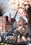  architecture armor armored_dress bare_shoulders boots building cherry_blossoms cloud cloudy_sky dark_skin day dragon gloves granblue_fantasy grass highres long_hair looking_to_the_side open_mouth outdoors petals red_eyes saraki sitting sky sleeveless teeth thighhighs town tree white_hair wind zooey_(granblue_fantasy) 