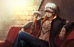  beard belt black_hair brick_wall cdash817 couch denim facial_hair hat jeans male_focus navel one_piece open_clothes pants realistic sheath sheathed sitting smile solo sword tattoo trafalgar_law weapon 