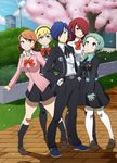  4girls aegis_(persona) belt blonde_hair blue_eyes blue_hair blush bow bowtie buttons cherry_blossoms green_eyes green_hair hair_over_one_eye hairband hand_in_pocket highres kirijou_mitsuru kneehighs long_sleeves multiple_girls pantyhose persona persona_3 red_bow red_hair red_neckwear shoes short_hair skirt smile standing takeba_yukari white_legwear wind_turbine windmill yamagishi_fuuka yuuki_makoto 