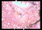  ass barefoot blonde_hair blue_sky blush border bow capelet cherry_blossoms cloud day dress fairy fairy_wings flying hair_bow hat highres legs lily_white long_hair long_sleeves looking_at_viewer looking_back oninoko open_mouth petals scenery sky smile solo spring_(season) thighs touhou transparent_wings tree white_dress wings yellow_eyes 