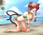  adworse all_fours animal_ears arm_ribbon beach bell bell_collar bent_over bikini blue_sky blush bow braid breasts cat_ears cat_tail cleavage cloud collar day extra_ears fang floral_print frilled_bikini frills green_bikini hair_bow horizon kaenbyou_rin leg_ribbon legs medium_breasts multiple_tails nekomata ocean one_eye_closed open_mouth outdoors palm_tree paw_pose red_hair ribbon shiny shiny_skin sky smile solo strap_slip sunlight swimsuit tail teeth thighs touhou tree twin_braids two_tails yellow_eyes 