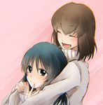  :d ^_^ black_eyes black_hair blush closed_eyes haru_sakurazaki hug hug_from_behind long_hair minashiro_tsubaki multiple_girls open_mouth pink_background short_hair smile soukyuu_no_fafner sweater tatekami_seri turtleneck 