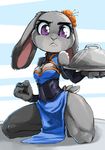  anthro breasts chest_tuft chinese_clothing chinese_dress cleavage clothed clothing colored corset disney dress female flower flower_in_hair frown fur grey_fur judy_hopps kneeling lagomorph looking_at_viewer mammal plant platter purple_eyes rabbit small_breasts solo spread_legs spreading thick_thighs tuft whistlefrog zootopia 