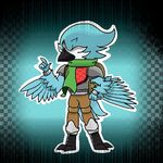  abstract_background anthro avian avian_(starbound) azul_matla beak bird black_beak black_talons blue_feathers blue_jay bracelet clothed clothing corvid eyes_closed feathers jewelry low_res male scarf standing starbound video_games winged_arms wings 