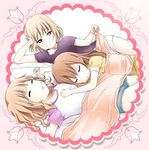  arm_support blanket blonde_hair brown_eyes brown_hair casual closed_eyes kamiki_uutarou long_hair lying multiple_girls on_back on_stomach oomuro-ke oomuro_hanako oomuro_nadeshiko oomuro_sakurako open_mouth parted_lips pillow raglan_sleeves revision shirt shorts siblings sisters sleeping t-shirt yuru_yuri 