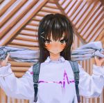  1girl backpack bag bangs black_hair blush closed_mouth collared_shirt eyebrows_visible_through_hair hair_ornament hairclip highres long_hair long_sleeves looking_at_viewer original print_sweater scarf shirt solo sweater tifg39 upper_body 