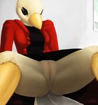  2016 absurd_res anthro anus avian beak bird butt canary clothed clothing feathers female fluffy hi_res looking_at_viewer no_underwear pussy seductive simple_background skirt solo spreading tail_feathers thousandfoldfeathers upskirt window 