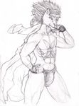  2016 anthro athletic bancholeomon bulge chain clothed clothing coat digimon feline fur gloves hair hand_on_hip hi_res lion long_hair looking_at_viewer male mammal markings monochrome navel scar simple_background sketch solo spectrumshift thong traditional_media_(artwork) white_background 