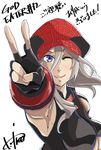  alisa_ilinichina_amiella armpits blue_eyes blush cabbie_hat elbow_gloves fingerless_gloves gloves god_eater hat highres long_hair looking_at_viewer navel no_bra one_eye_closed silver_hair simple_background smile solo v white_background 
