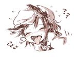  1girl ? ?? animal_ears cat_ears cheek_pull chen commentary_request disembodied_hand earrings fangs harusame_(unmei_no_ikasumi) hat jewelry mob_cap monochrome short_hair single_earring solo sound_effects_only tongue tongue_out touhou 