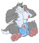  abs anthro balls biceps big_muscles blue_eyes blush briefs bulge canine chest_tuft claws clothed clothing dog feet fur grey_fur huge_muscles husky male mammal maneater muscular nipples pecs penis simple_background sitting smile solo tagme teeth toe_claws topless tuft underwear underwear_aside white_fur 