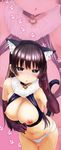  animal_ears bell bell_collar black_eyes black_gloves black_hair blush breasts cat_ears cat_tail collar elbow_gloves fake_animal_ears fake_tail fur_trim gloves hair_tucking highres large_breasts long_hair looking_at_viewer navel nipples open_mouth pica_(hpipi) pulling pussy_juice solo tail 