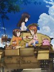  3girls :t arm_support basket black_eyes black_hair box brown_eyes brown_hair cardboard_box carrying carrying_over_shoulder casual caterpillar_tracks cloud cup day eating eye_contact family food from_behind girls_und_panzer ground_vehicle happy hatch long_hair looking_at_another looking_back military military_vehicle mother_and_daughter motor_vehicle multiple_girls nishizumi_maho nishizumi_miho nishizumi_shiho nishizumi_tsuneo obentou official_art on_vehicle onigiri open_mouth pants pants_rolled_up panzerkampfwagen_ii picnic picnic_basket profile reaching_out riding road scan seiza short_hair siblings sisters sitting sky sleeveless sleeves_rolled_up smile spring_onion tank tank_top thermos tree wrapped_obentou younger 