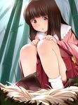  :o bamboo bangs blunt_bangs blush brown_hair commentary_request frills from_below grass houraisan_kaguya kozue_akari long_hair long_sleeves nest on_ground pink_shirt red_eyes red_skirt shirt skirt socks solo touhou white_legwear wide_sleeves 