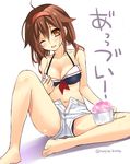  alternate_hairstyle bare_shoulders bikini black_panties bra breasts brown_hair hair_ornament hairband ikura_nagisa kantai_collection looking_at_viewer low_twintails medium_breasts midriff one_eye_closed open_mouth orange_eyes panties red_hairband sailor_bikini sailor_collar shaved_ice shiratsuyu_(kantai_collection) short_hair shorts simple_background sitting smile solo sweat swimsuit translated twintails twitter_username underwear white_background 