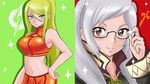  bespectacled blonde_hair blue_eyes blush breasts brown_eyes commentary company_connection eyelashes female_my_unit_(fire_emblem:_kakusei) fire_emblem fire_emblem:_kakusei glasses green_background hand_on_hip large_breasts long_hair looking_at_viewer metroid midriff mole mole_under_mouth multiple_girls my_unit_(fire_emblem:_kakusei) navel ponytail popped_collar red_background samus_aran smile sparkle splatoon_(series) splatoon_1 super_smash_bros. takobe twintails white_hair 
