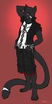  2013 anthro belt black_fur black_panther clothed clothing feline fur grin hi_res jacket looking_at_viewer male mammal orion_schilt panther pollo-chan red_eyes simple_background solo soulblader standing wristband 