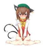  animal_ears bad_id bad_pixiv_id bandaid bandaid_on_tail blush bottomless bow brown_eyes brown_hair cat_ears cat_tail chen covering covering_crotch crossed_bandaids fang full_body hat jewelry long_sleeves mob_cap multiple_tails naked_sweater nekomata ootsuki_momiji open_mouth shirt simple_background single_earring sitting solo sweater tail tears torn_clothes torn_sleeves touhou touhou_ayaria_epic two_tails vest wariza white_background 
