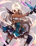  armor armored_boots armored_dress bangs black_gloves black_legwear blue_dress boots breastplate breasts dark_skin dress eredhen gloves granblue_fantasy grey_background hair_between_eyes holding holding_sword holding_weapon legs_apart long_hair looking_at_viewer medium_breasts open_mouth red_eyes shield short_dress silver_hair solo sword thighhighs weapon white_hair zooey_(granblue_fantasy) 