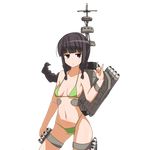  \m/ ammunition antennae arm_at_side armpits backpack bag bare_shoulders bikini black_eyes black_hair blush closed_mouth contrapposto expressionless eyebrows eyebrows_visible_through_hair floating_hair green_bikini groin hair_ribbon hand_gesture highleg highleg_bikini highres holster jitome kantai_collection kitakami_(kantai_collection) kuragano looking_at_viewer machinery midriff navel red_ribbon ribbon sidelocks solo standing stomach swimsuit thigh_gap thigh_holster torpedo transparent_background wind 