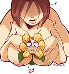  2016 areola big_breasts blush breasts digital_media_(artwork) duo english_text female flora_fauna flower flowey_the_flower hair hi_res human inverted_nipples kayla-na male male/female mammal nipples nude plant simple_background smile text undertale video_games 