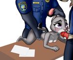  2016 anthro blush canine chief_bogo disney ear_pull faceless_male female forced green_eyes group group_sex hi_res holding_penis judy_hopps lagomorph lying male mammal on_desk on_front oral paper penis purple_eyes rabbit rape sex size_difference spitroast tears threesome wasajoke zootopia 