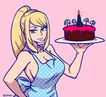  akairiot apron aqua_eyes blonde_hair breasts cake candle cleavage food hand_on_hip large_breasts long_hair looking_at_viewer metroid metroid_(creature) mole mole_under_mouth naked_apron pink_background ponytail samus_aran simple_background solo tray unmoving_pattern upper_body 