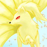  ambiguous_gender fur looking_at_viewer multi_tail ninetales nintendo paws pok&eacute;mon red_eyes smile solo sparkles turned_head video_games yellow_fur ぎざぎざぎざ 