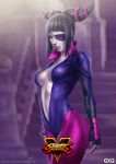  absurdres alternate_costume black_hair bodysuit breasts center_opening cleavage drill_hair eyepatch ggg_(gonzalogallianoniz) han_juri highres large_breasts lips lipstick makeup nail_polish no_bra pink_nails print_eyepatch purple_bodysuit purple_eyes purple_lipstick solo street_fighter street_fighter_v twin_drills unzipped watermark 