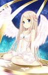  angel angel_wings bare_shoulders barefoot bekotarou blonde_hair blue_eyes blush breasts cage collarbone dress feathered_wings feathers flower hair_flower hair_ornament highres jewelry long_hair looking_at_viewer navel navel_cutout open_mouth original sitting sky small_breasts solo star_(sky) starry_sky wings 