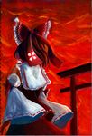  acrylic_paint_(medium) arms_at_sides bow brown_hair commentary_request detached_sleeves fire floral_print hair_bow hair_tubes hakurei_reimu highres kachayori red_bow red_skirt red_sky ribbon-trimmed_clothes ribbon-trimmed_sleeves ribbon_trim shirt skirt sky solo torii touhou traditional_media wide_sleeves wind 