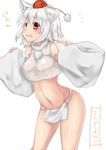  animal_ears blush breasts covered_nipples detached_sleeves flying_sweatdrops fundoshi hat highres inubashiri_momiji japanese_clothes medium_breasts monrooru navel red_eyes see-through solo tokin_hat touhou wavy_mouth white_background white_hair wide_sleeves wolf_ears 