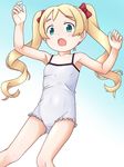  armpits arms_up blonde_hair blush bow casual_one-piece_swimsuit daiya green_eyes highres long_hair mahou_shoujo_nante_mou_ii_desukara. one-piece_swimsuit open_mouth ribbon solo swimsuit twintails 