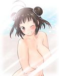  alternate_breast_size antenna_hair breasts brown_hair censored grin highres kantai_collection large_breasts long_hair looking_at_viewer naka_(kantai_collection) nipples nude one_eye_closed shoumaru_(gadget_box) smile solo 