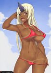  areola_slip areolae arm_up bikini bikini_pull blonde_hair breasts cameltoe dark_areolae dark_skin eyebrows fang horn huge_breasts long_hair lowleg lowleg_bikini micro_bikini monster_musume_no_iru_nichijou navel ogre oni open_mouth purple_eyes red_bikini smile solo strap_gap swimsuit tan tanline tionishia toned ttrop underboob 