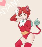  animal_ears cat_ears cat_tail collar cosplay elbow_gloves fang fire gloves haramaki heart jasmin_darnell jibanyan jibanyan_(cosplay) looking_at_viewer multiple_tails nekomata notched_ear open_mouth paw_pose red_hair red_legwear romaji short_hair simple_background solo tail tail-tip_fire thighhighs two_tails youkai_watch 